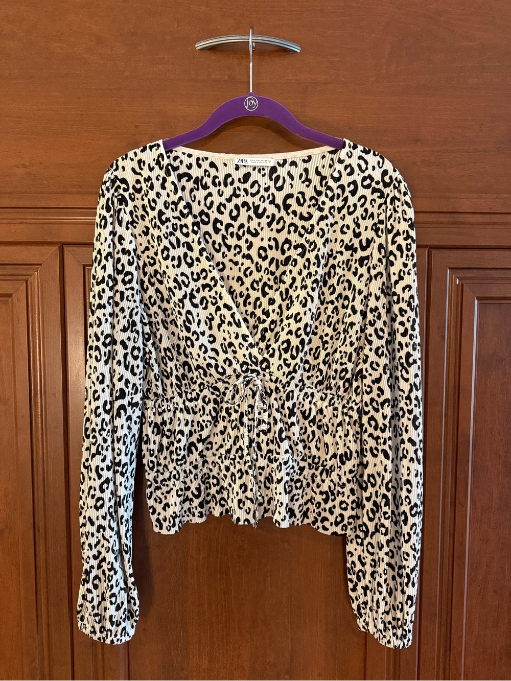 Zara Cream and Black Leopard Tie-Front Long Sleeve Top
